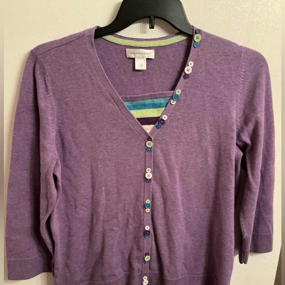 Christopher & Banks Purple sweater with Multicolor Buttons